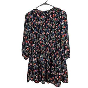 Zara Pleated Black Floral 3/4 Sleeve Mini Dress. Size Small